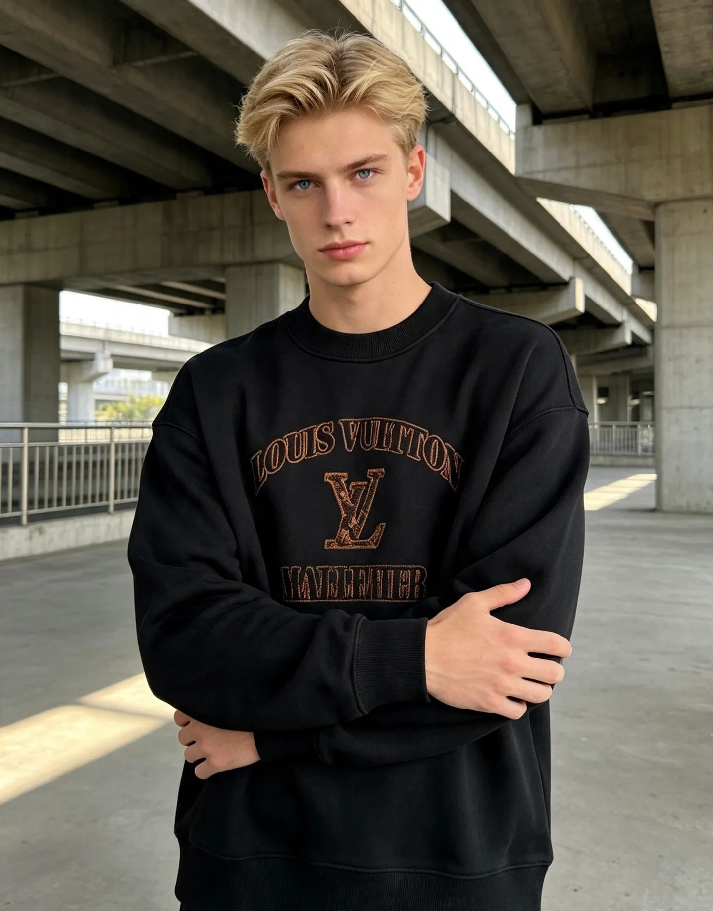 Louis Vuitton/Louis Vuitton leather label letter embroidered crew neck sweatshirt